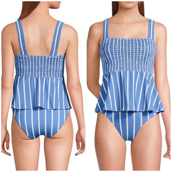 Lands' End Smocked Tankini Top and High Waisted Blue and White Striped 2 piece - Picture 5 of 7